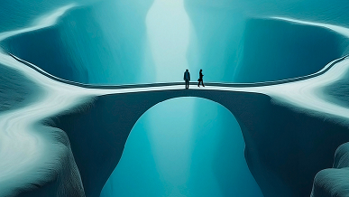 two people standing on abstract bridge